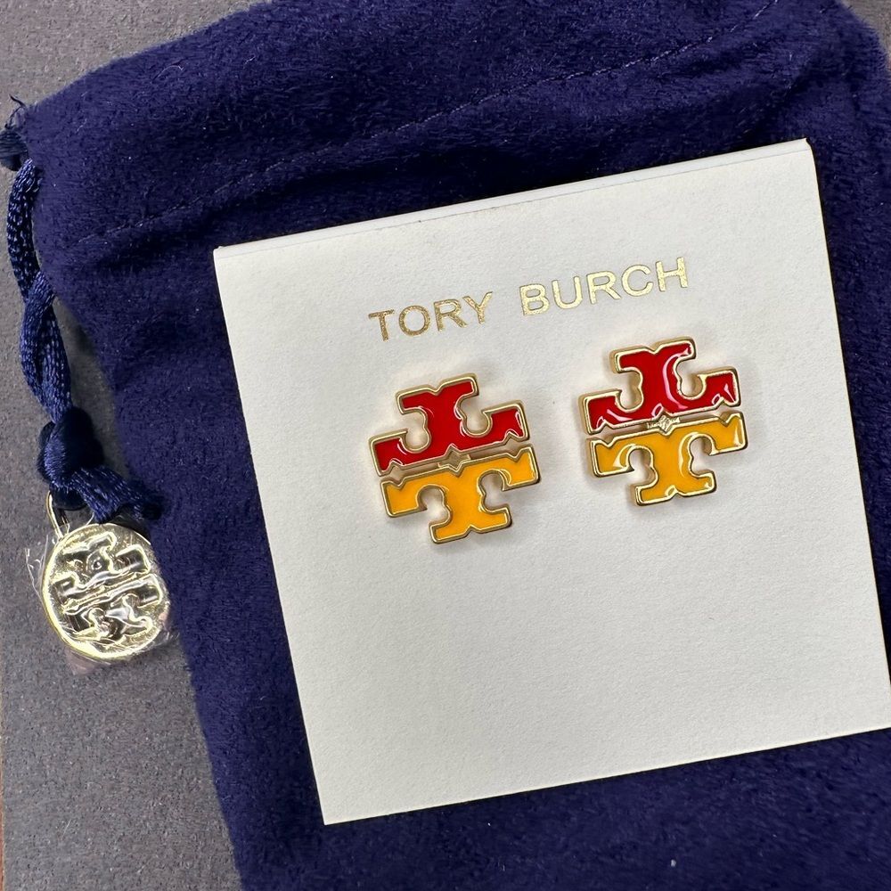 Tory Burch Kira Enamel Stud Earrings Gold, Red & Yellow Logo NWT